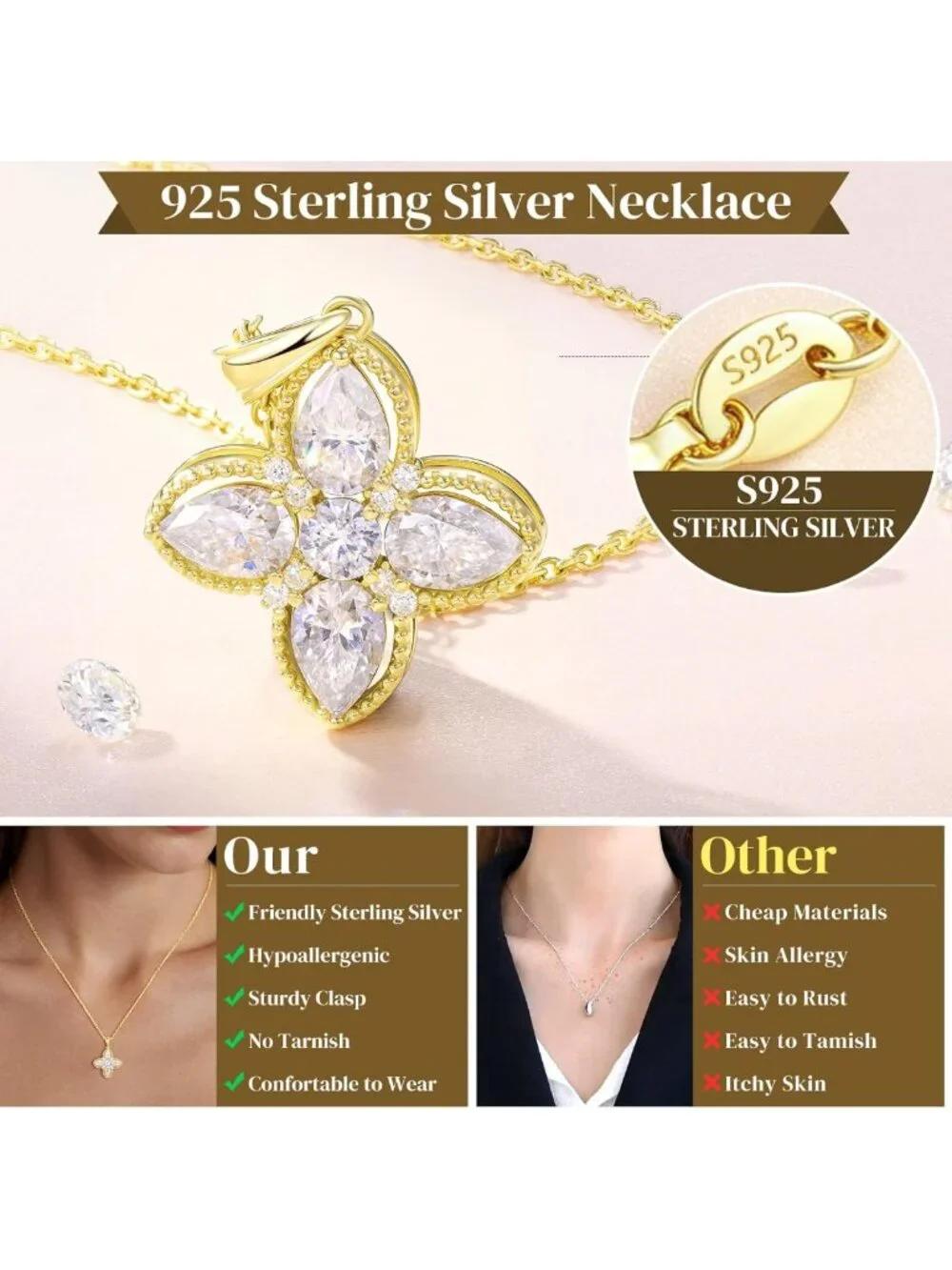 Dainty Moissanite Four-Leaf Clover Necklace | 925 Sterling Silver & Gold